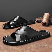 billige Ferietøfler-brune sandaler i imitert skinn med kryssrem – uformelle slip-on sandaler med slitesterk såle, perfekt for hverdagskomfort, ferie og utendørseventyr
