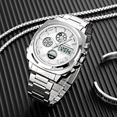 abordables Relojes digitales-Reloj Electrónico LED de Acero Inoxidable Completo para Hombre SKMEI Lujo de Doble Hora Cronógrafo Digital Reloj Deportivo Impermeable