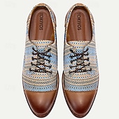 cheap Textured Weave Shoes-Men&#039;s Blue and Tan Woven Oxford Shoes – Retro Lace-Up Casual Shoes for Creative Professionals and Everyday Style