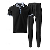 voordelige T-shirt sets voor heren-Voor heren Wafel Shirt T-shirt past Shirt- en broeksets 2 stuks outfits Korte mouw Revers Zomer Kleurenblok Modieus Casual Lapwerk 2-stuks Vakantie Alledaagse kleding Uitgaan Zwart Wit Koningsblauw