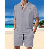 cheap Men&#039;s Tee Sets-Men&#039;s T-shirt Suits 2 Pieces Outfits Tee &amp; Shorts Short Sleeve Henley Summer Plain Fashion Casual 2 Piece Vacation Daily Wear Going out White Royal Blue Brown Top Tee for Men