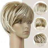 economico parrucca più vecchia-Parrucca corta bionda con taglio pixie per donna, con strato soffice e meches, con radice elasticizzata, parrucca pixie sintetica con frangia per donna, parrucca sostitutiva da indossare ogni giorno