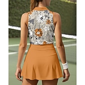 preiswerte Frauen-Tennis-Set-Damen Blumenmuster Sporthemd Sport-Set Tennis-Set Tennis Shirt 2 Stück Ärmellos Druck Atmungsaktiv Tennis Golfspiel Badminton Polokragen Rock Orange Tennisbekleidung