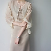 billige bryllup gjesteomslag-Sjal til kvinner Elegant Solbeskyttelse Langermet Organza Bryllup Wrap Med Ren Farge Til Bryllup Sommer
