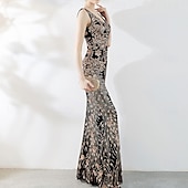 baratos Vestidos Baile Formatura-Vestidos de Quinceanera de Sereia  Trompete Vestido Elegante Formal de Casamento Comprimento do Chão Sem Mangas Gola V com Lantejoulas