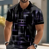halpa Miesten geometrinen poolo-Miesten Geometrinen Viiva Polo Lyhythihainen Poolopaidat Kauluspaidat Business Casual ulko- Urheilu- ja treenivaatteet Arki-asut Napit Tasku 3D-tulostus Kesä Musta Sininen Purppura