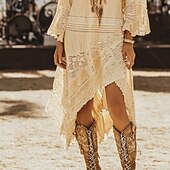 ieftine Rochii Boho-Pentru femei Rochii Midi Rochie Boho Rochie occidentală Modă În aer liber Vacanță Concediu Fit regulat Simplu Manșon Lung În V Caisă Vară