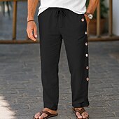 baratos Retrô-Homens Calças de linho Calças Calça verão Calças largas Com Cordão Cintura elástica Botão Lateral Tecido Respirável Comprimento total Ao ar livre Férias Casual Férias Estilo Étnico Preto Branco