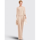 abordables Costumes-pantalons pour maman-Salopette  pantalon 3 pièces mère de la mariée invité au mariage formel élégant grande taille col bijou longueur de sol en chiffon dentelle sans manches avec appliques taille personnalisée gratuite
