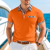 preiswerte Herren Klassisches Polo-Herren Poloshirt aus Baumwollmischung Golfshirt Lässig Ferien Revers Kurzarm Mode Basic Hahnentrittmuster Karo Patchwork Tasche Sommer Normale Passform Weiß Orange Khaki Dunkelgray Leicht Blau