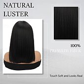 baratos Perucas Sintéticas sem Touca-perucas pretas bob perucas retas sem cola para mulheres cabelo sintético resistente ao calor fibra longa bob peruca parte do meio perucas bob naturais perucas de comprimento médio para mulheres 16