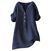 preiswerte Hemden-Damen Hemd Baumwoll-Leinen-Hemden Bluse Einfach Modern Lässig Langarm V Ausschnitt Normale Oberteile Täglich Ferien Ausgehen Knöpfe Schwarz Gelb Marineblau Beige Sommer