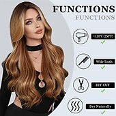 baratos Perucas Sintéticas sem Touca-Peruca longa cacheada com mechas e franja cortina para mulheres, cabelo sintético em camadas de 28 polegadas, resistente ao calor, perucas de aparência natural para uso diário