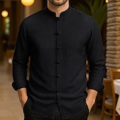 economico Casual da lavoro-Per uomo Camicia in cotone e lino Colore Solido / Tinta Unita Vacanza Nero Bianco Verde chiaro Rosa Manica Lunga Nonno Abbigliamento