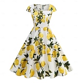 preiswerte Kleider-Retro Vintage 1950er Rockabilly Midlänge Swing-Kleid Ausgestelltes Kleid Kappe Blumen Frucht A-Linie Quadrathals Damen Karneval Urlaub Alltagskleidung Retro-Mottoparty Erwachsene Kleid Frühling