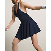 cheap Women&#039;s Tennis Dress-US Open Women&#039;s Tennis Dress with Built in Shorts and Bra Sports Dress Sleeveless Pleated Breathable Tennis Golf Pickleball V Neck Patchwork Open Back Dark Navy Tennis Clothing