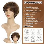 economico parrucca più vecchia-Parrucche per capelli corti da donna, parrucca castana pixie bob, parrucca pixie cut da donna, parrucche sintetiche con frangia per uso quotidiano o cosplay.