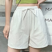 お買い得  コットンリネンショートパンツ-女性用 リネン風ショートパンツ スラックス クロップパンツ ファッション ストリートファッション 膝丈 ナチュラルウエスト 平織り ポケット 弾性巾着デザイン 快適 通気性 お出かけ 週末 フォレストグリーン ブラック ターコイズ ホワイト 夏 レギュラー