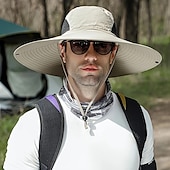 cheap Hats-Men&#039;s UV Protection Bucket Hat for Fishing &amp; Hiking - Sporty Wide Brim Sunshade Cap, Beige with Black Band, Hand-Washable, Lightweight &amp; Breathable for Outdoor Adventures
