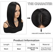 baratos Perucas Sintéticas sem Touca-perucas pretas bob perucas retas sem cola para mulheres cabelo sintético resistente ao calor fibra longa bob peruca parte do meio perucas bob naturais perucas de comprimento médio para mulheres 16