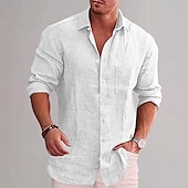 economico Casual da lavoro-Per uomo Camicia in cotone e lino Semplice Vacanza Nero Bianco Vino Azzurro cielo Manica Lunga Bavero Abbigliamento