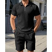 お買い得  休暇-男性用 クォータージップポロ ゴルフシャツ 日常 祝日 ラペル 半袖 ファッション ベーシック 平織り 2個 ジャカード 夏 レギュラー ブラック ホワイト スカイブルー カーキ色 ライトグレー クォータージップポロ