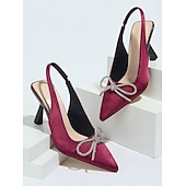 economico cocktail-Scarpe con tacco a spillo in raso verde da donna con cinturino posteriore e fiocco di cristallo: tacchi a gattino sofisticati per cocktail party e occasioni festive