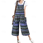 levne Grafické bavlněné plátěné kalhoty-Dámské overaly inspirované lnem, laclové kalhoty, streetwear, květinový střih, bez rukávů, výstřih do U, kapsy, potisk, street, denní, regular střih, žlutá, světle zelená, červená, léto