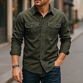 preiswerte Arbeitshemden für Herren-Herren Freizeithemd Arbeitshemd Knopfhemd Dunkelmarine Kaki Hellgrau Armeegrün Langarm Einfarbig Revers Urlaub Ferien Button-Down Bekleidung Baumwolle Mode Lässig Bequem