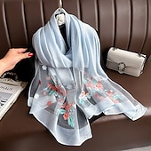 abordables Manches &amp; Écharpe-Printemps et automne nouveau clou perle simulation foulard en soie élégant et polyvalent pour les femmes brodé fleur de pommier longue écharpe été crème solaire écharpe
