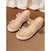abordables Mujeres-Sandalias transparentes para mujer con adornos de perlas: diseño elegante de cuñas transparentes, calzado cómodo y elegante para verano, playa y salidas informales.