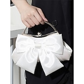 cheap Clutches &amp; Evening Bags-Women&#039;s Satin Bow Evening Clutch Bag – Elegant Pearl Frame Handle Purse for Brides, Weddings, Cocktail Parties and Formal Events Silver Black White