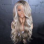 baratos Perucas de seda frontais de cabelo natural-Cabelo brasileiro cru remy ondulado com mechas loiras acinzentadas sem cola 5x5 fechamento de renda sem cola perucas coloridas 13x4 peruca frontal de renda pré-arrancada para mulheres