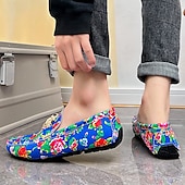 preiswerte Herrenpantoletten &amp; -slipper-Blaue Slipper für Herren mit Blumenmuster und Löwenkopf-Dekoration, stylische Mokassins, ideal für Freizeitausflüge, als Freizeitkleidung und für erholsame Ferien