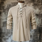 economico Vacanza-Per uomo Camicia Camicia di lino Stile vichingo Camicia Estiva Abbigliamento da spiaggia Camicia pirata Tinta unica Vacanza Streetwear Nero Blu marino Cachi Manica Lunga Collo alla coreana Estate