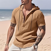 preiswerte Baumwoll-Leinenhemd-Herren Hemd Leinenhemd Popover-Hemd Freizeithemd Baumwollhemd Einfach Urlaub Straße Schwarz Weiß Gelb Marineblau Kurzarm Mit Kapuze Sommer Bekleidung Button-Down