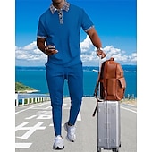 voordelige T-shirt sets voor heren-Voor heren Wafel Shirt T-shirt past Shirt- en broeksets 2 stuks outfits Korte mouw Revers Zomer Kleurenblok Modieus Casual Lapwerk 2-stuks Vakantie Alledaagse kleding Uitgaan Zwart Wit Koningsblauw