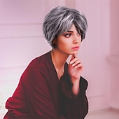cheap Older Wigs-Short Fluffy Grey Wigs for Women Old Middle Age Women's Short Silver Wig Synthetic Short Curly Cosplay Hair Wig Grey Layered Messy Shaggy Synthetic Hair Wig for Women Old Lady
