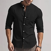 economico Casual da lavoro-Per uomo Camicia in cotone e lino Semplice Vacanza Nero Bianco Cachi Grigio scuro Manica Lunga Colletto alla coreana Abbigliamento