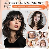 economico Parrucche trendy sintetiche-Parrucche ondulate bob con frangia, parrucche castano scuro misto per donne, parrucche ondulate ricce corte con mèches, parrucca da donna naturale lunga fino alle spalle per l&#039;uso quotidiano alle