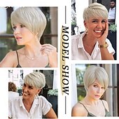 cheap Older Wigs-Short Blonde Wigs for White Women with Bangs Pixie Cut Straight Synthetic Replacement Wigs