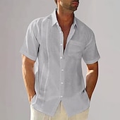 economico Casual da lavoro-Per uomo Camicia in cotone e lino Semplice Vacanza Nero Bianco Blu marino scuro Blu Manica Corta Collo ripiegato Estate Abbigliamento