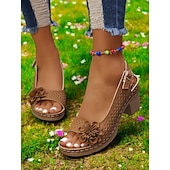 cheap Casual Sandals-Women’s Floral Cutout Slingback Sandals – Comfortable Chunky Heel Summer Sandals for Casual &amp; Garden Party Wear