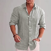 economico Casual da lavoro-Per uomo Camicia in cotone e lino Semplice Vacanza Nero Bianco Vino Azzurro cielo Manica Lunga Bavero Abbigliamento