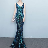 baratos Vestidos Baile Formatura-Vestidos de Quinceanera de Sereia  Trompete Vestido Elegante Formal de Casamento Comprimento do Chão Sem Mangas Gola V com Lantejoulas