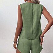 levne Dámské halenky-Dámské Šik ven Denní Halenka Soupravy šortek Bez rukávů Do V Pevná barva Dubbele Rij Knopen Venkovní Dovolená Světle zelená Tmavě námořnická Oranžová Léto Běžný