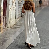 preiswerte Kleider aus Baumwolle und Leinen entwerfen-Damen Langes Kleid Maxikleid Baumwoll-Leinenkleid Mode Klassisch Täglich Ferien Ausgehen Normale Passform Farbblock Ärmellos V Ausschnitt Schwarz Weiß Sommer