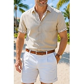 preiswerte Urlaub-Herren leinenhemd Sommerhemd Freizeithemd Strandhemd Einfach Urlaub Kreuzfahrt Weiß Grün Khaki Grau Kurzarm Revers Sommer Frühling &amp; Sommer Bekleidung Fronttasche