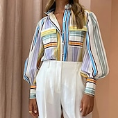 tanie Damskie topy z grafiką-Damskie Koszula Bluzka Prążki Nowoczesny Boho Długi rękaw Kołnierzyk koszuli Zwykłe topy Codzienny Święto Wyjściowe Guziki Biały Fioletowy Lato