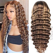 economico Parrucche lace front capelli veri-p4/27 ombre marrone 13x4 pizzo frontale parrucche di capelli umani evidenziano onde profonde sciolte 150% densità per donne nere